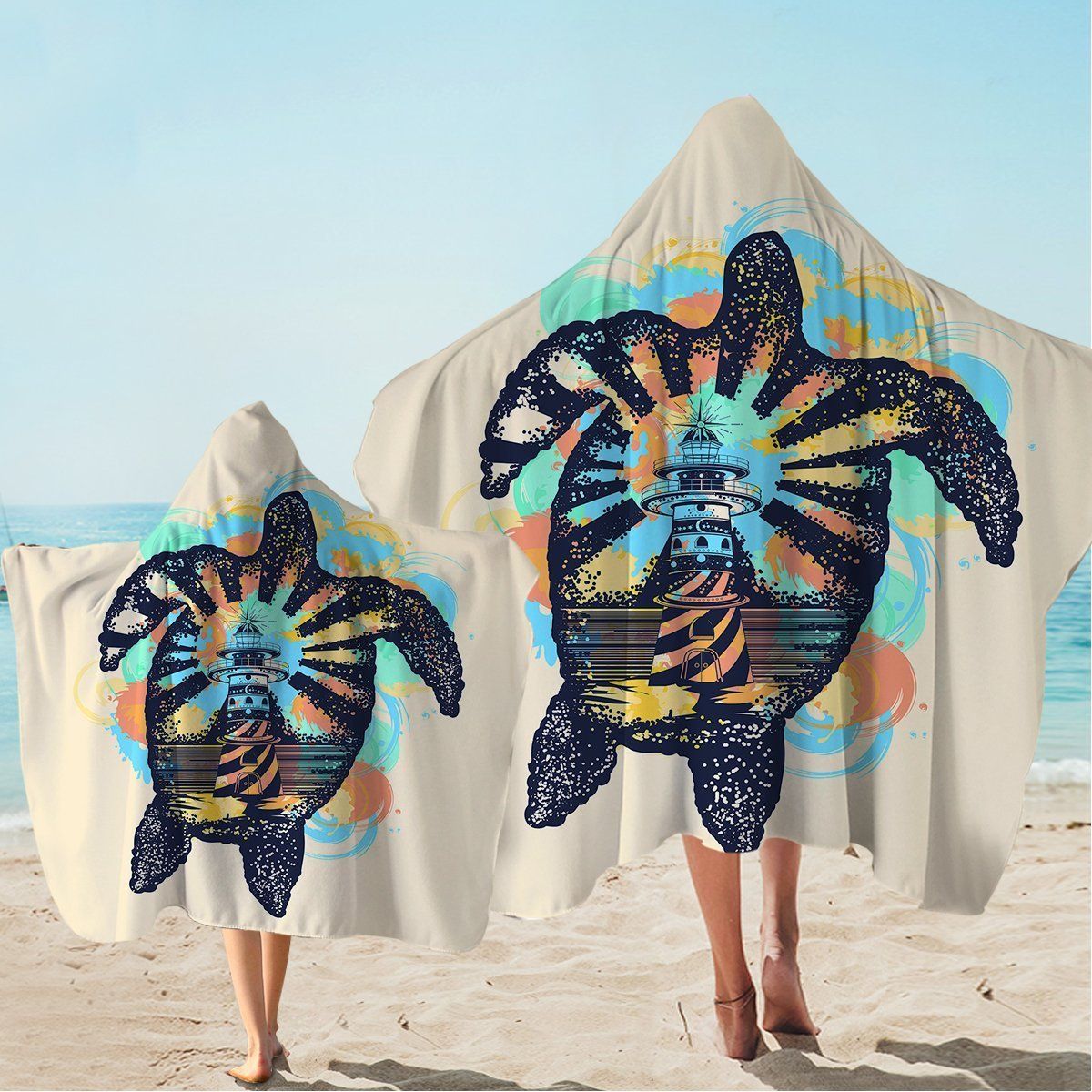 Colorful Sea Turtle Lighthouse Printed Hooded Towel