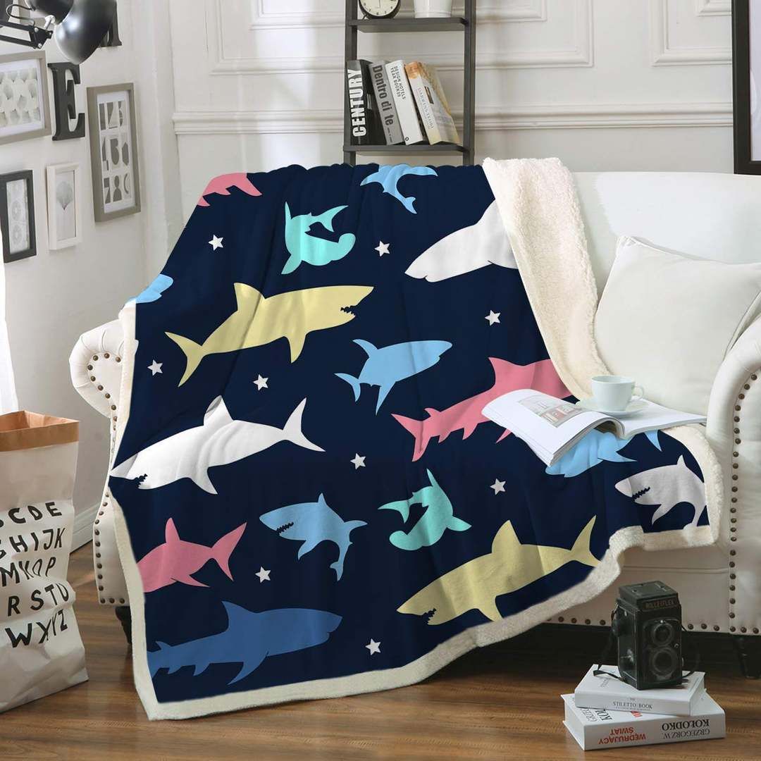 Colorful Shark Sherpa Fleece Blanket