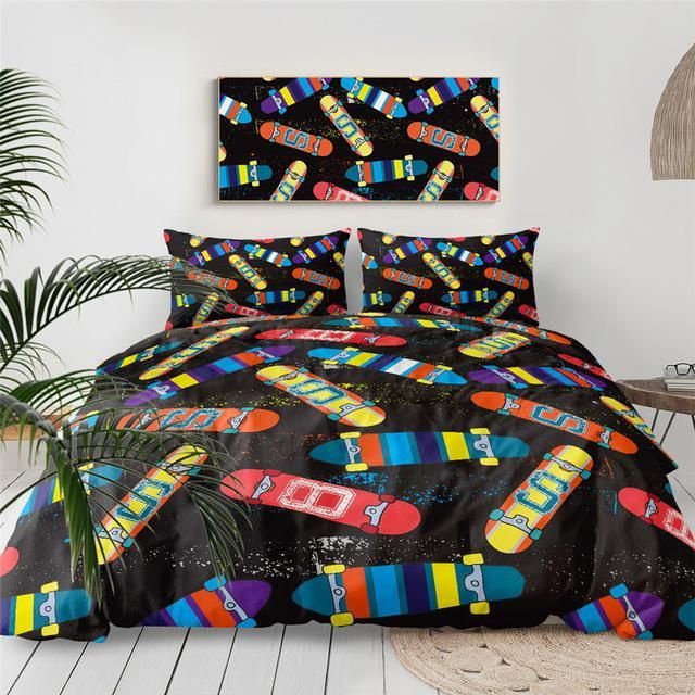 Colorful Skateboard On Black Bedding Set