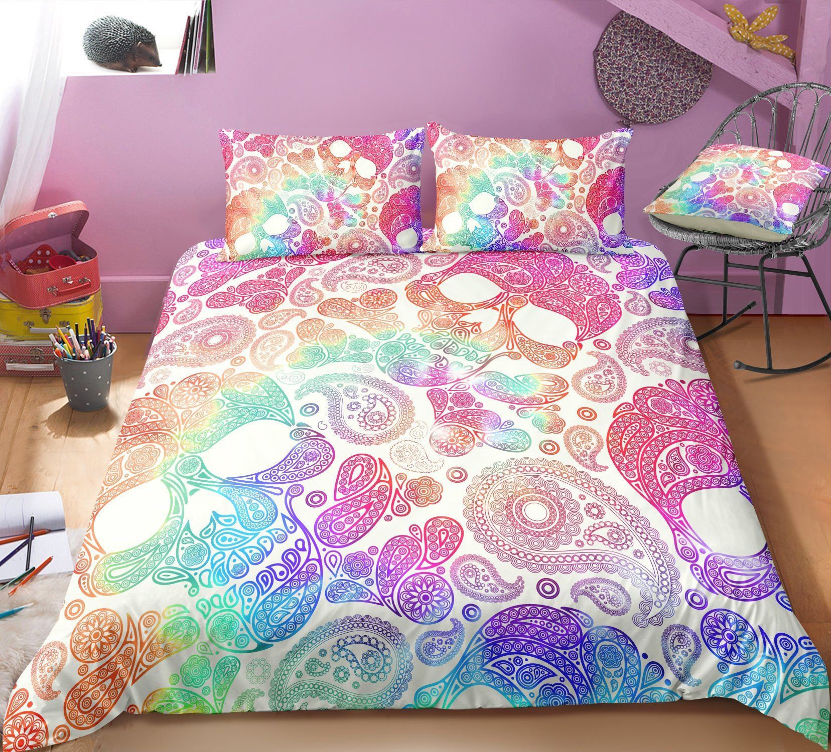 Colorful Skull Head And Paisley Pattern Bedding Set
