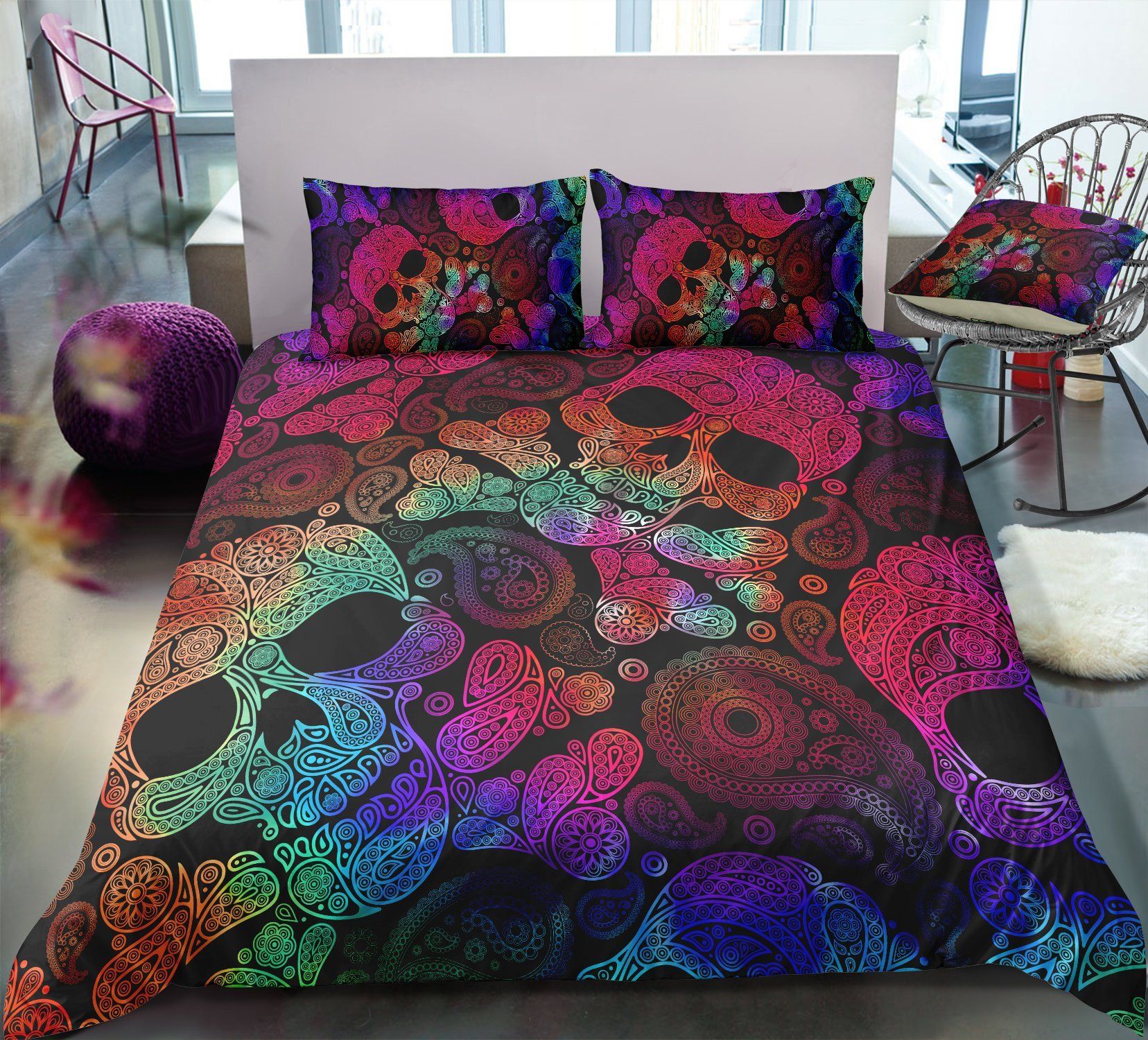 Colorful Skull Head Paisley Pattern Bedding Set