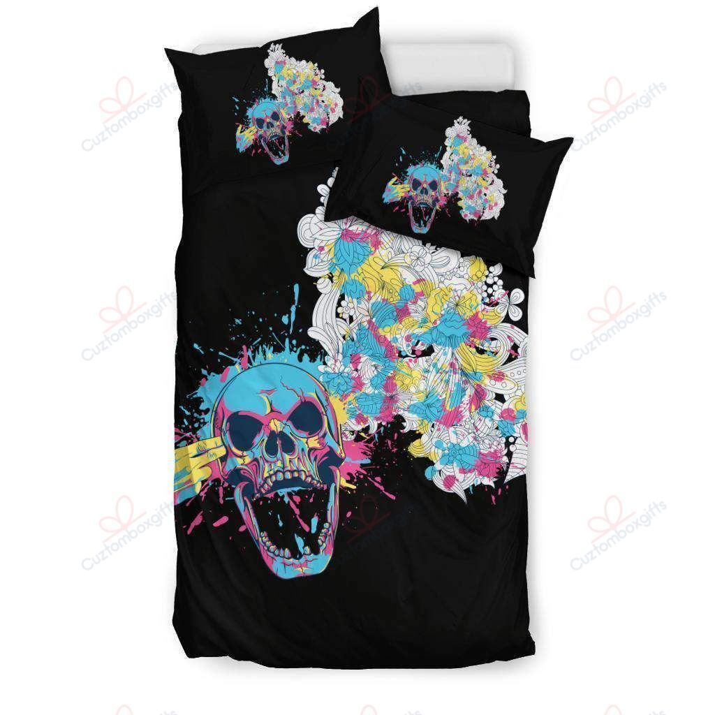 Colorful Skull In Black Printed Bedding Set