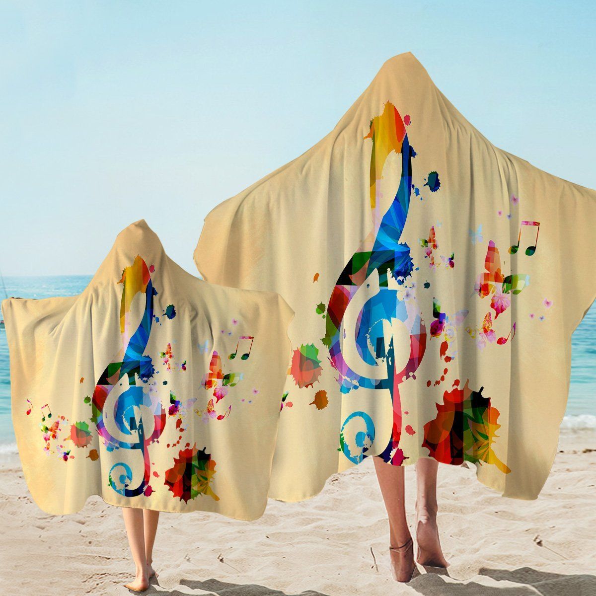 Colorful Treble Clef On Beige Printed Hooded Towel