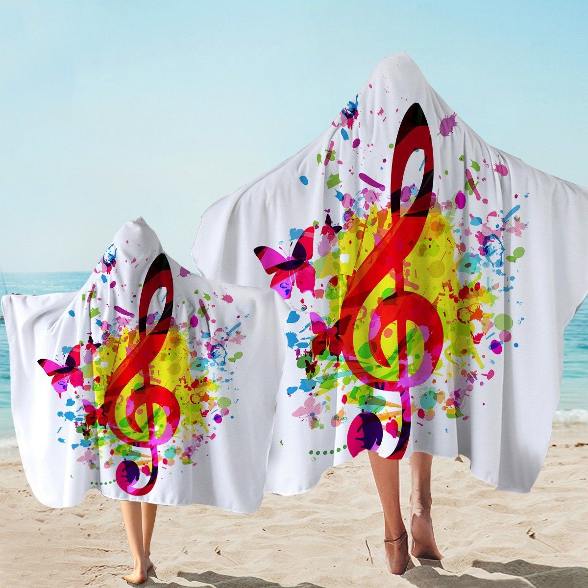Colorful Treble Clef On White Printed Hooded Towel