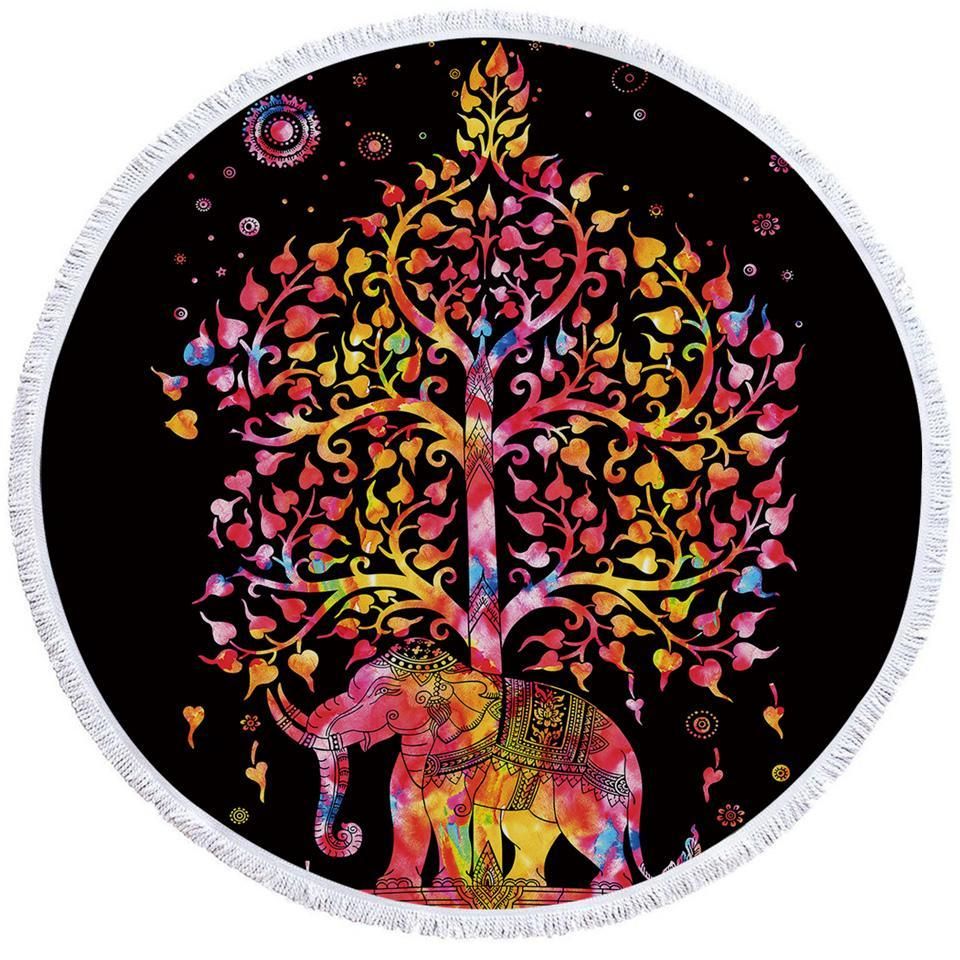 Colorful Tree Of Life Black Printed Round Beach Towel