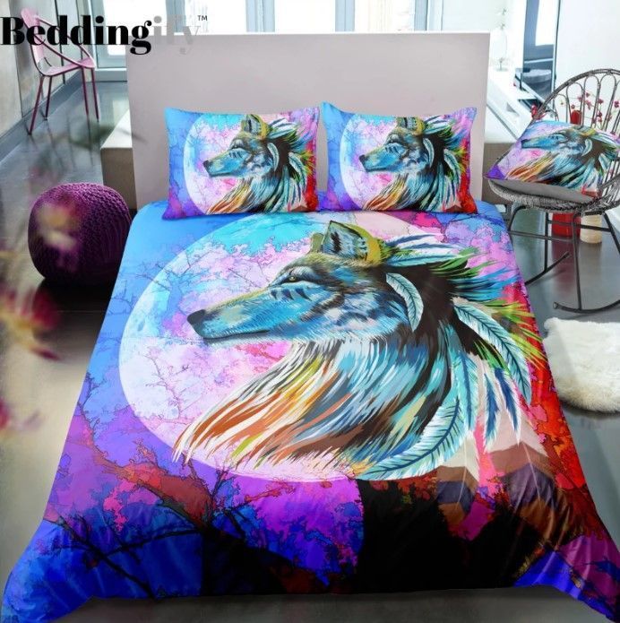 Colorful Tribal Wolf Bedding Set