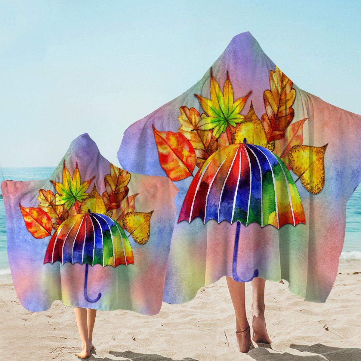 Colorful Umbrella Fall Leaves Printed Hooded Towel