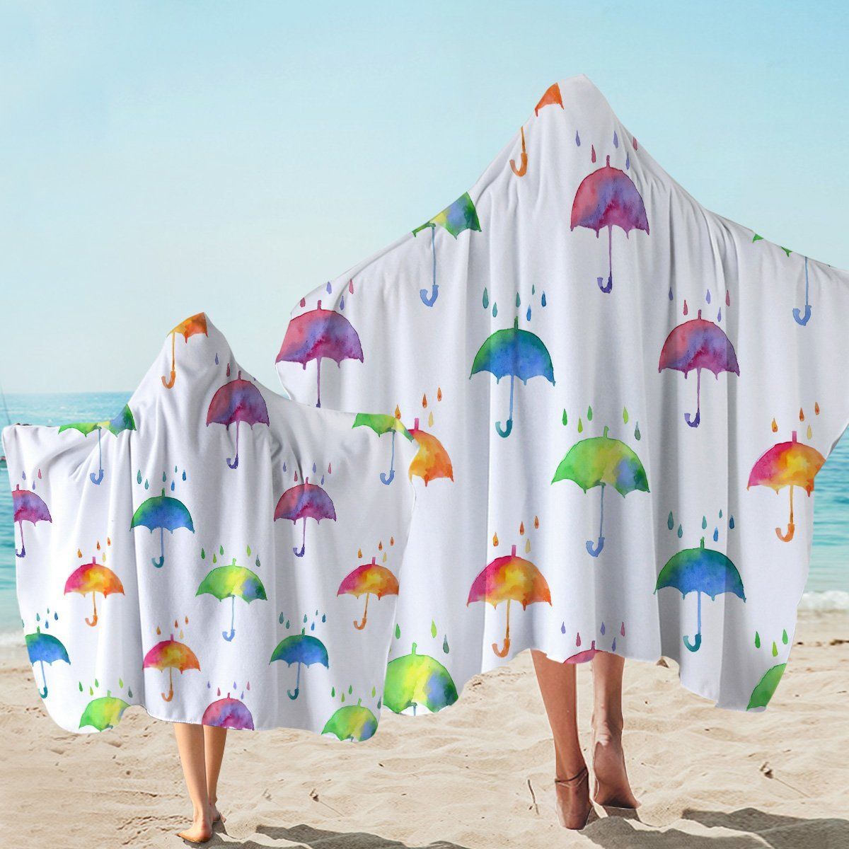 Colorful Umbrellas White Background Printed Hooded Towel