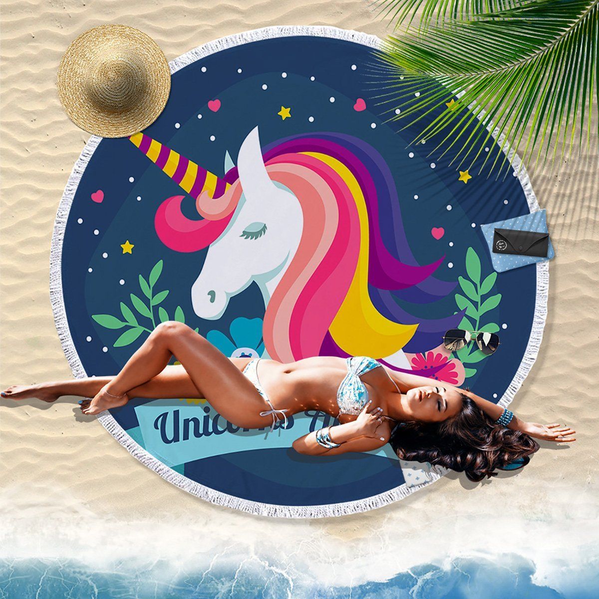 Colorful Unicorn Mane Starry Printed Round Beach Towel