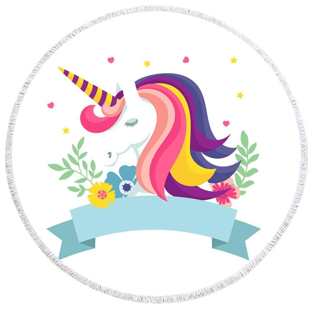 Colorful Unicorn With Leaves Printed Round Beach Towel