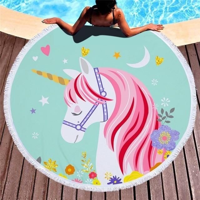 Colorful Unicorn With Pattern Printed Round Beach Towel