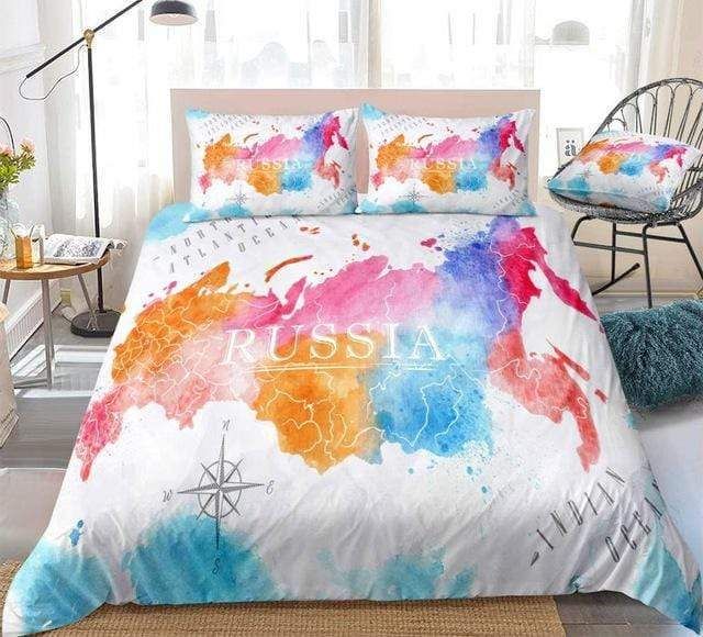 Colorful Watercolor Abstract Russia Map White Bedding Set