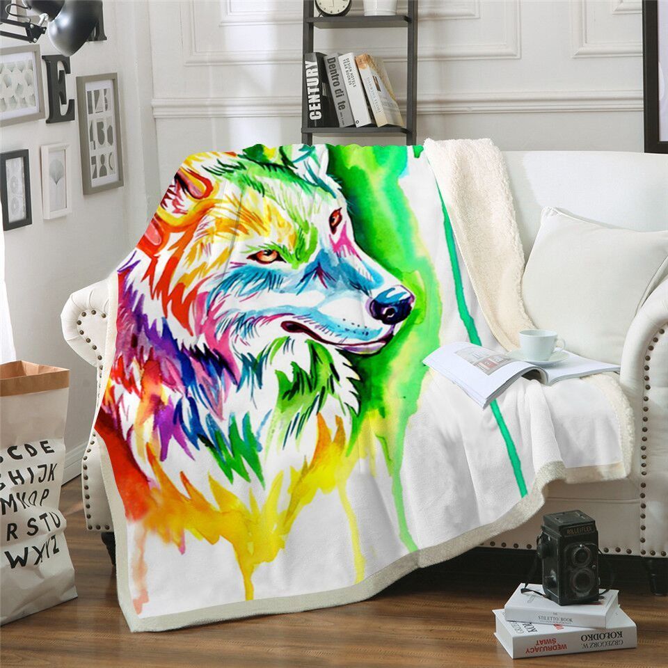 Colorful Wolf Sherpa Fleece Blanket