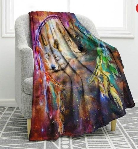 Colorful Wolf Sherpa Fleece Blanket