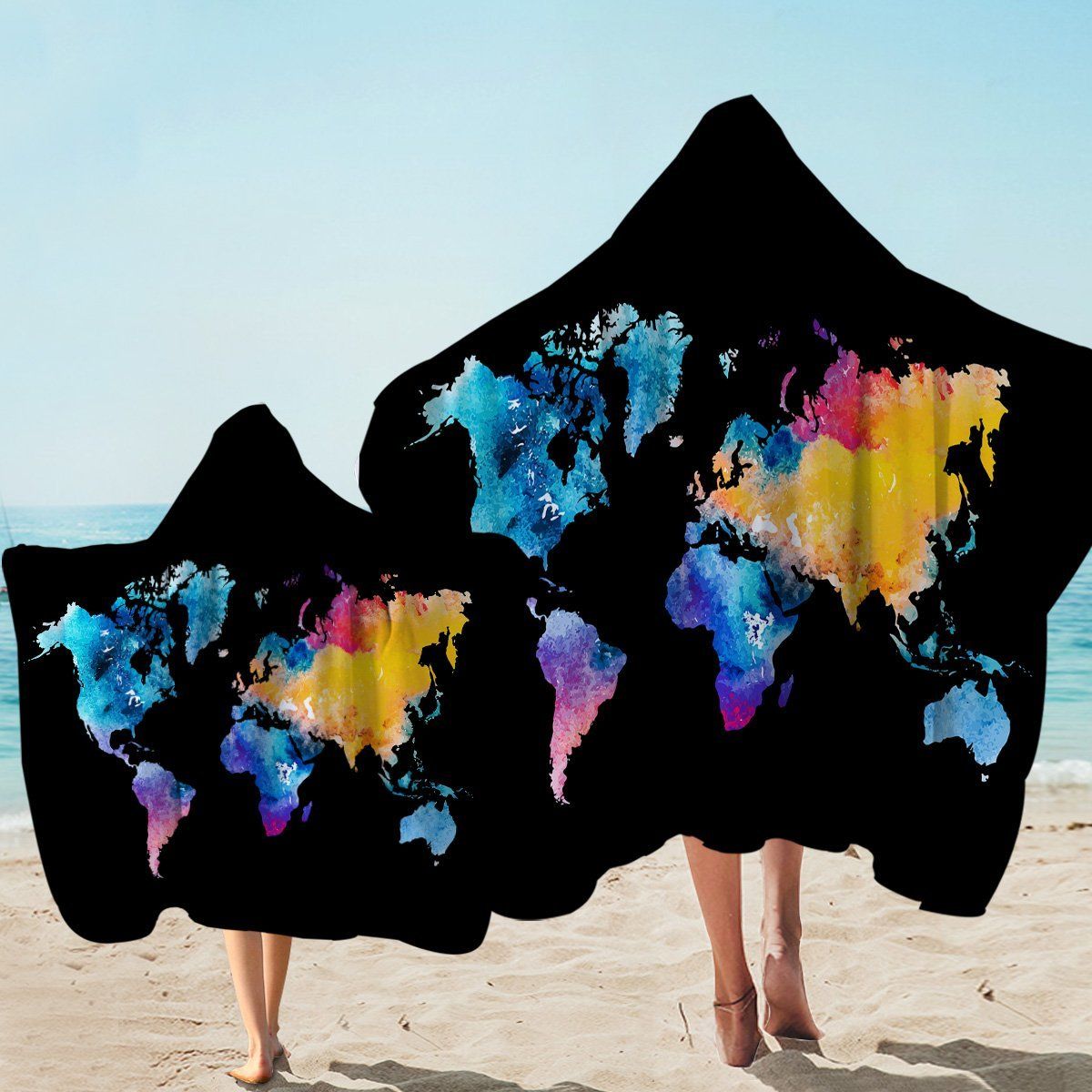 Colorful World Map On Black Printed Hooded Towel