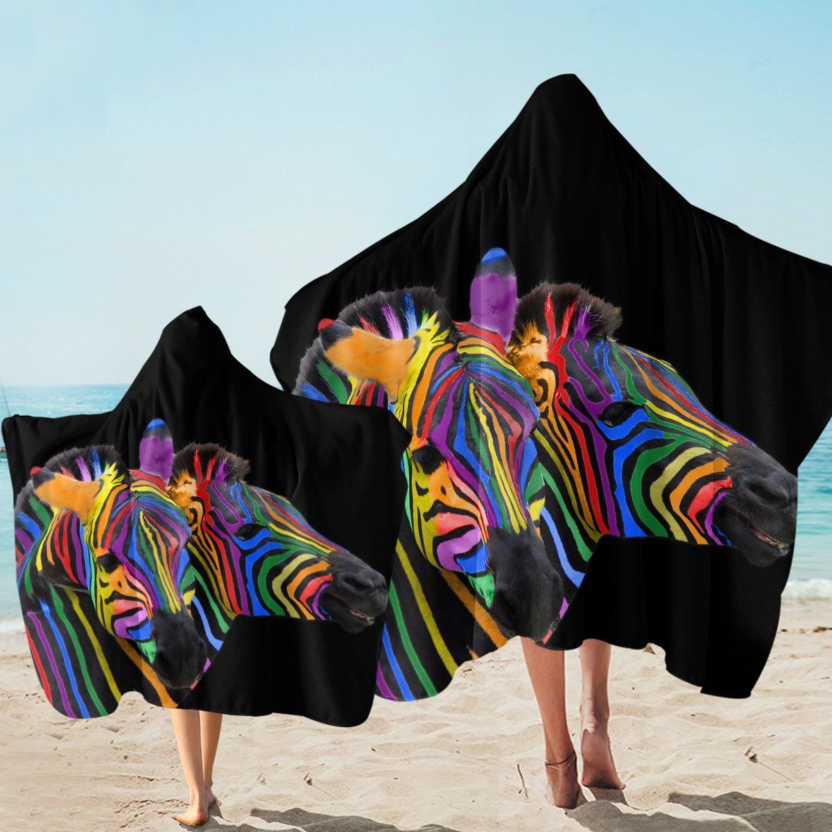 Colorful Zebra Black Background Printed Hooded Towel