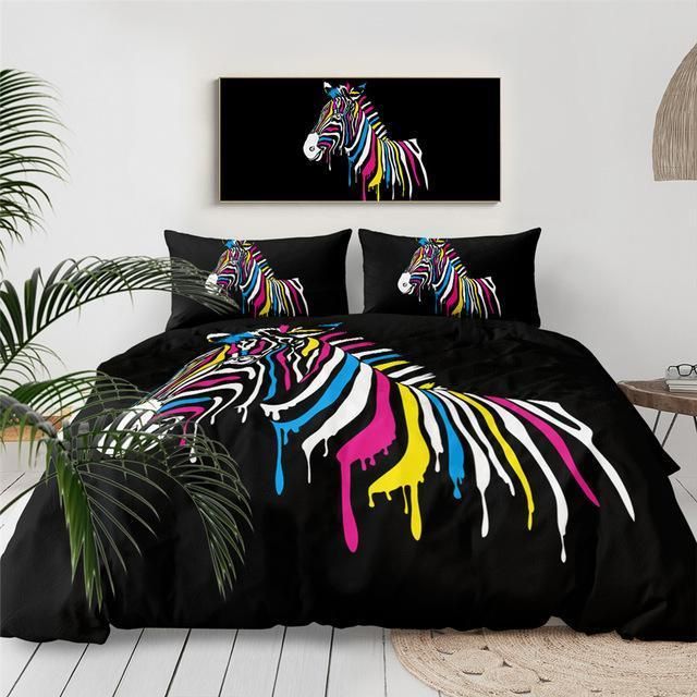Colorful Zebra In Black Bedding Set