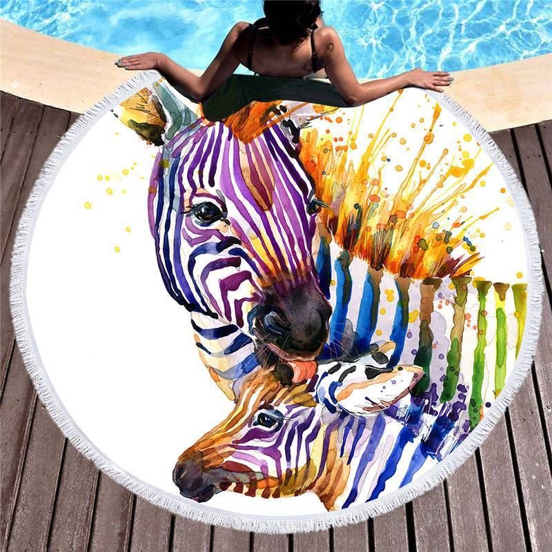 Colorful Zebra Mother And Child Printed Round Beach Towel