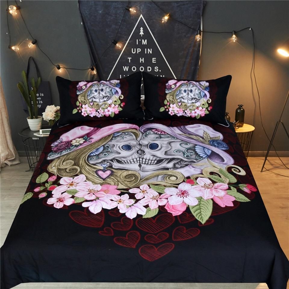 Colourful Floral Couple Skull Bedding Set
