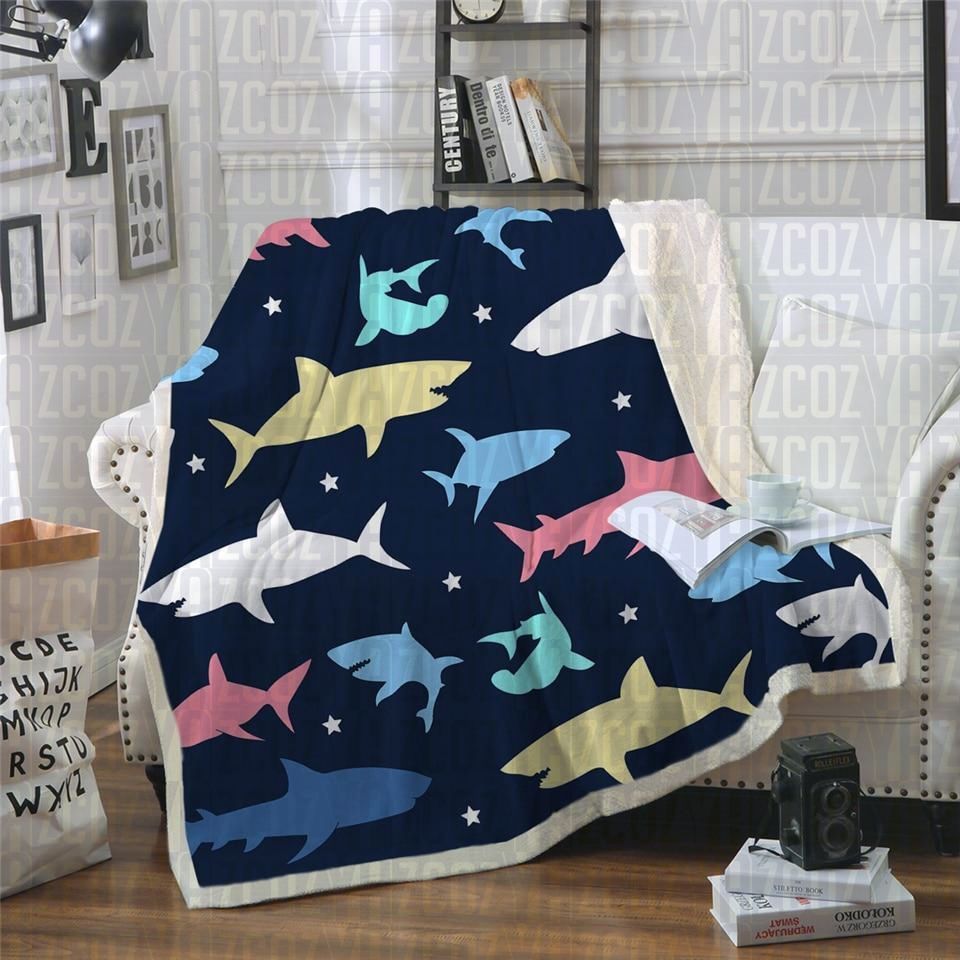 Colourful Sharks Sherpa Fleece Blanket