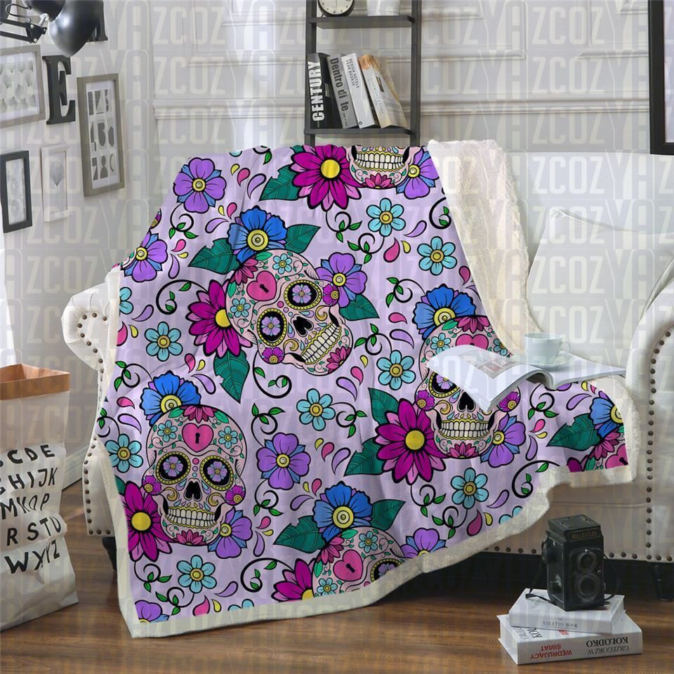 Colourful Sugar Skull Sherpa Fleece Blanket