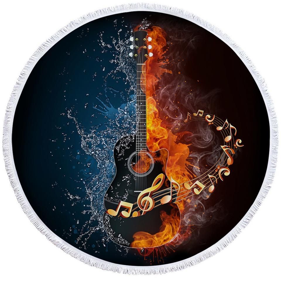 Contrast Black Ice And Flame Rock Guitar Printed Round Beach Towel
