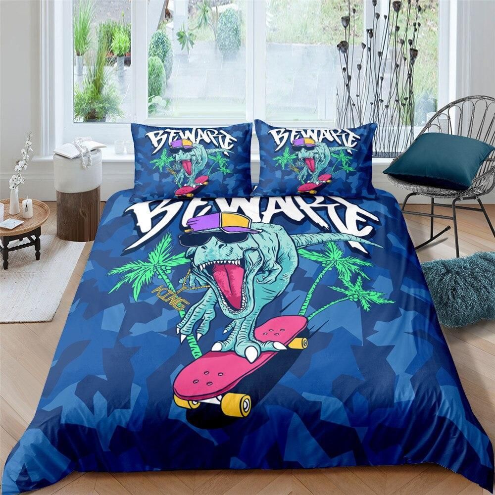 Cool Dino Surfing Blue Camouflage Bedding Set