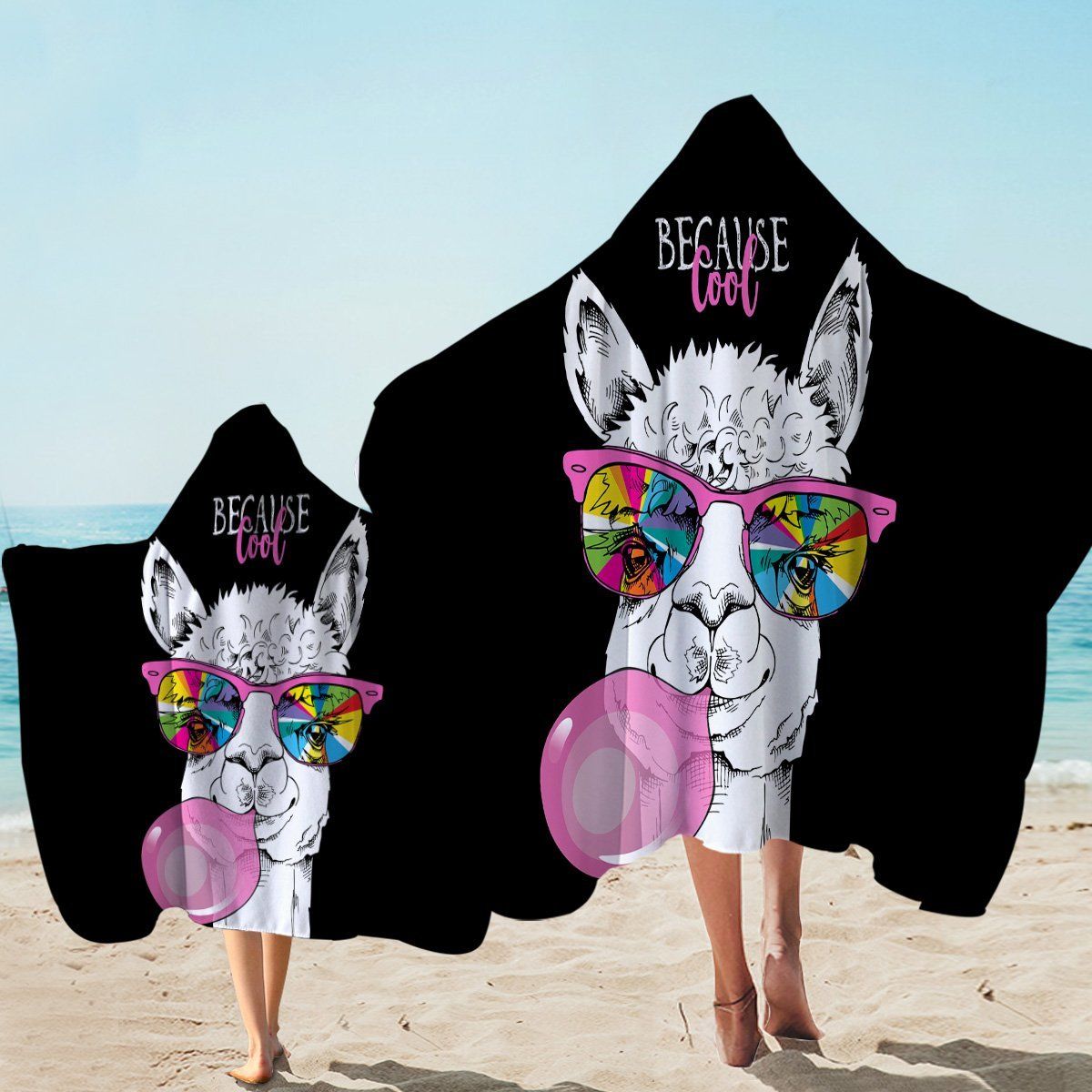 Cool Llama Blowing Bubble Gum On Black Printed Hooded Towel