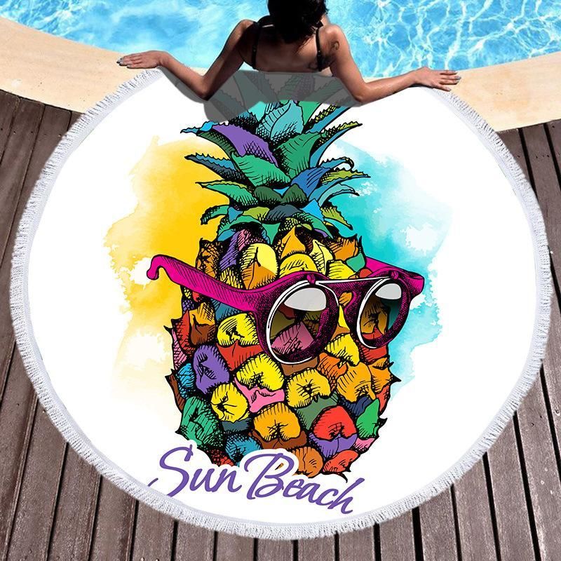 Cool Pineapple With Sun Glasses Printed Round Beach Towel