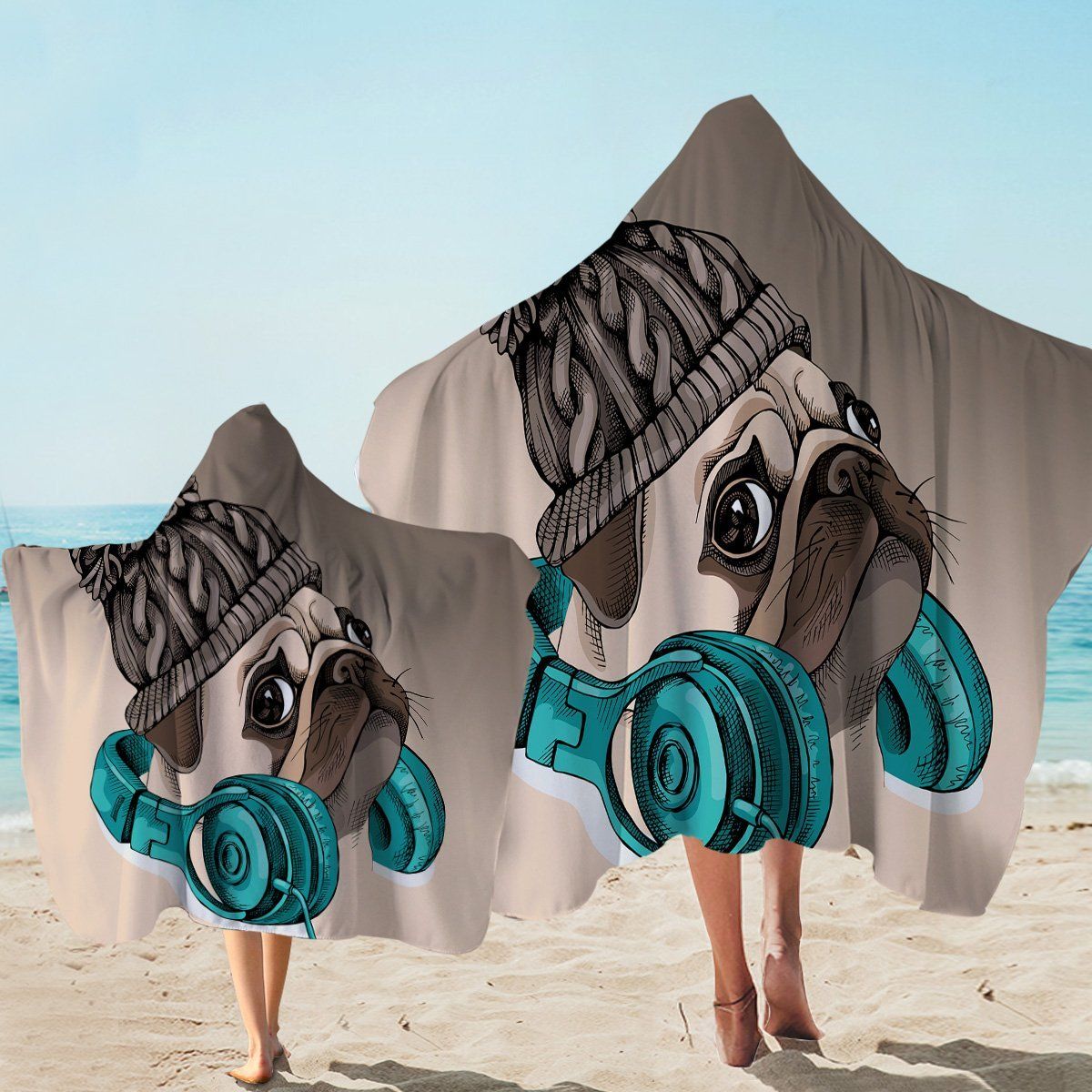 Cool Pug Love Music Gray Printed Hooded Towel