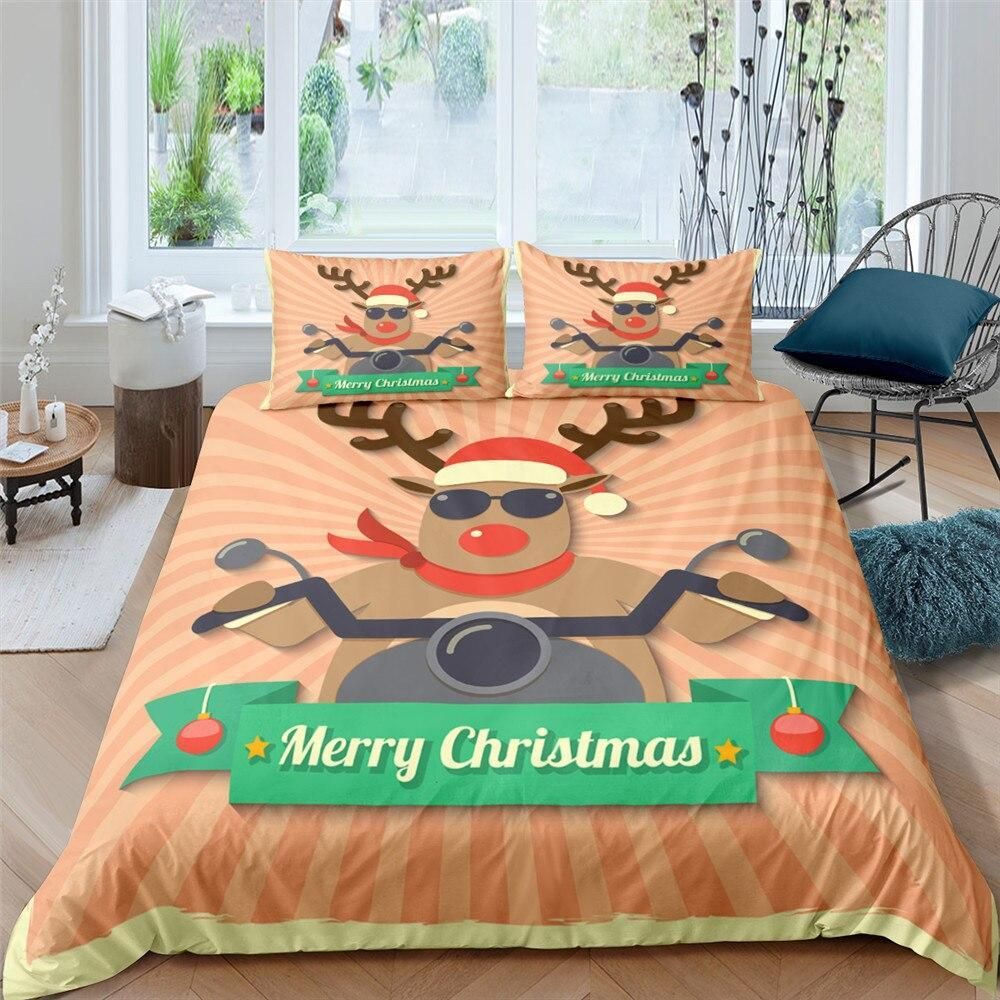Cool Rudolf Merry Christmas Orange Stripes Bedding Set