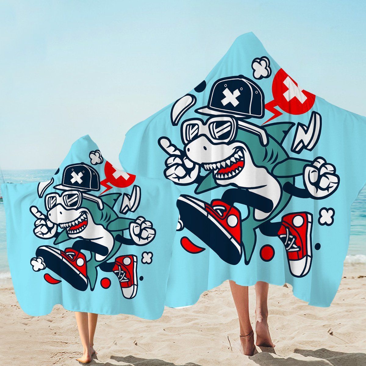 Cool Shark Light Blue Pattern Printed Hooded Towel