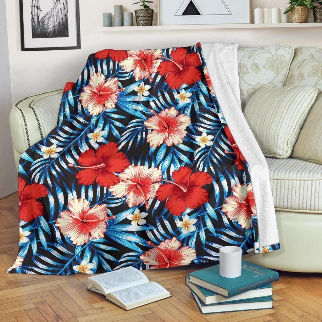 Cool Summer Red Hibiscus Blue Scene Fleece Blanket