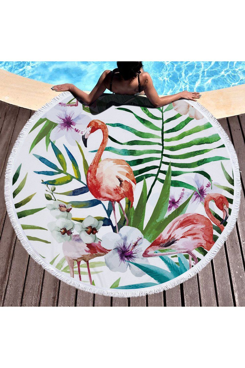Cool Tropical Flamingo With Floral Printed Round Beach Towel