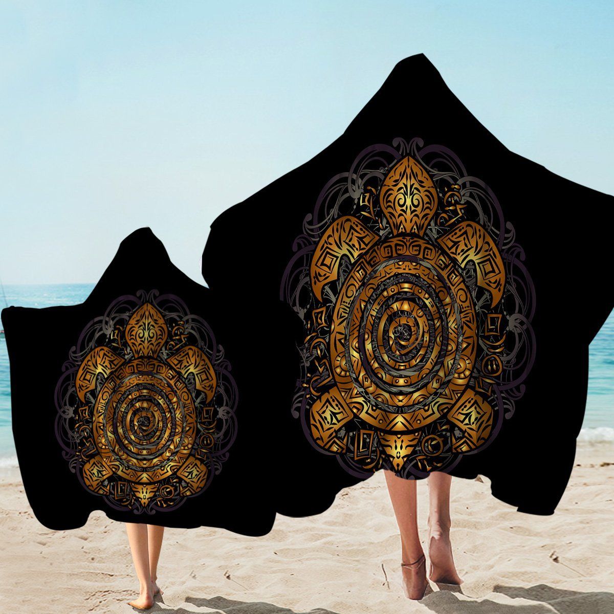 Copper Tortoise On Black Printed Hooded Towel
