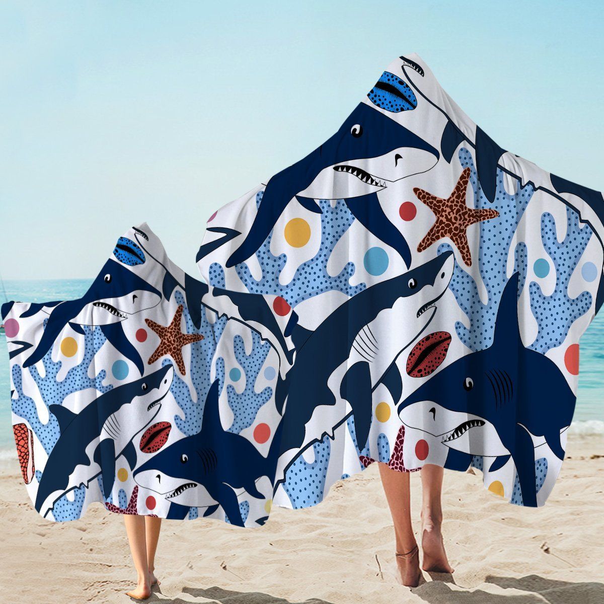 Coral And Shark With Starfish Pattern Printed Hooded Towel
