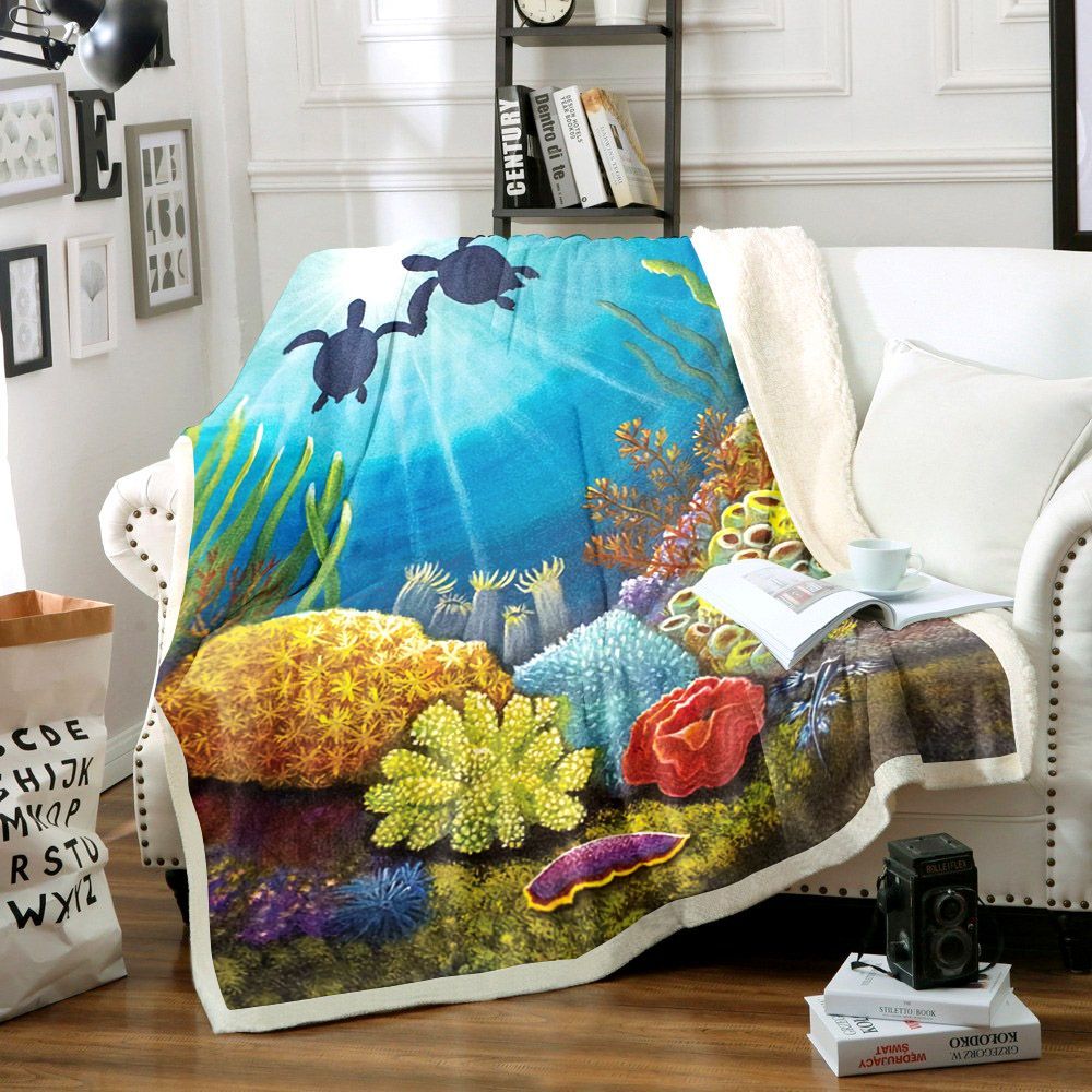 Coral Turtle Sherpa Fleece Blanket