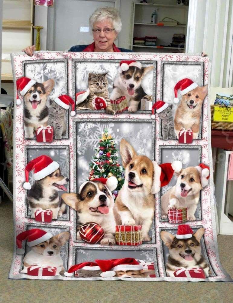 Corgi Cat Christmas Fleece Blanket