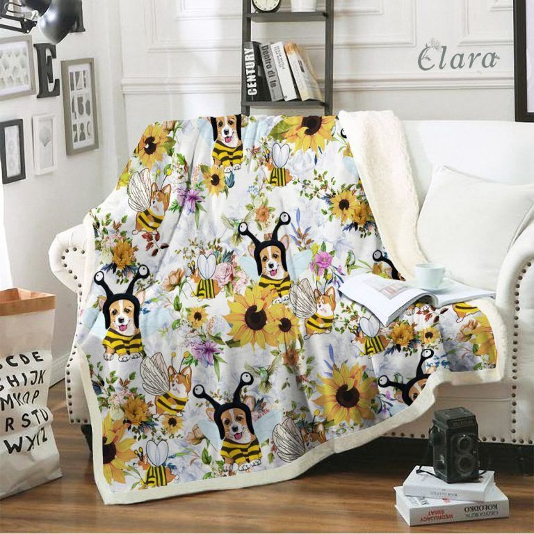 Corgi Cosplay Bee Floral Sherpa Fleece Blanket