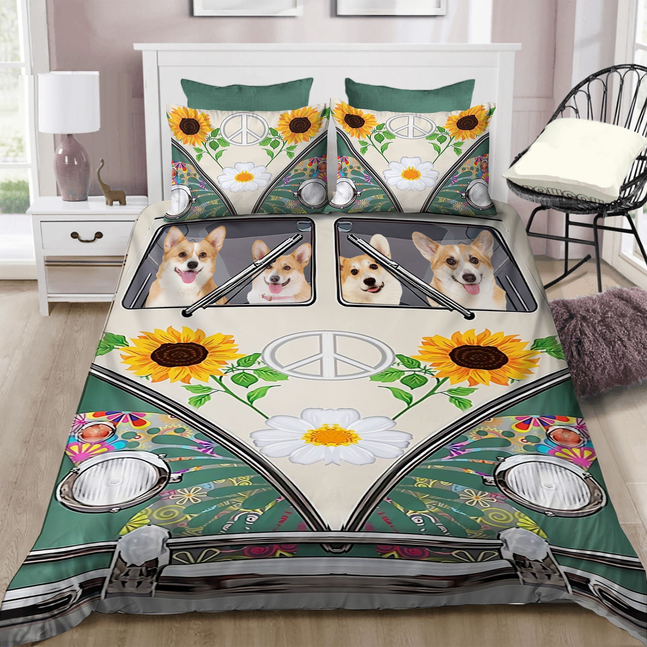 Corgi Family Hippie Vans Butterfly Bedding Set