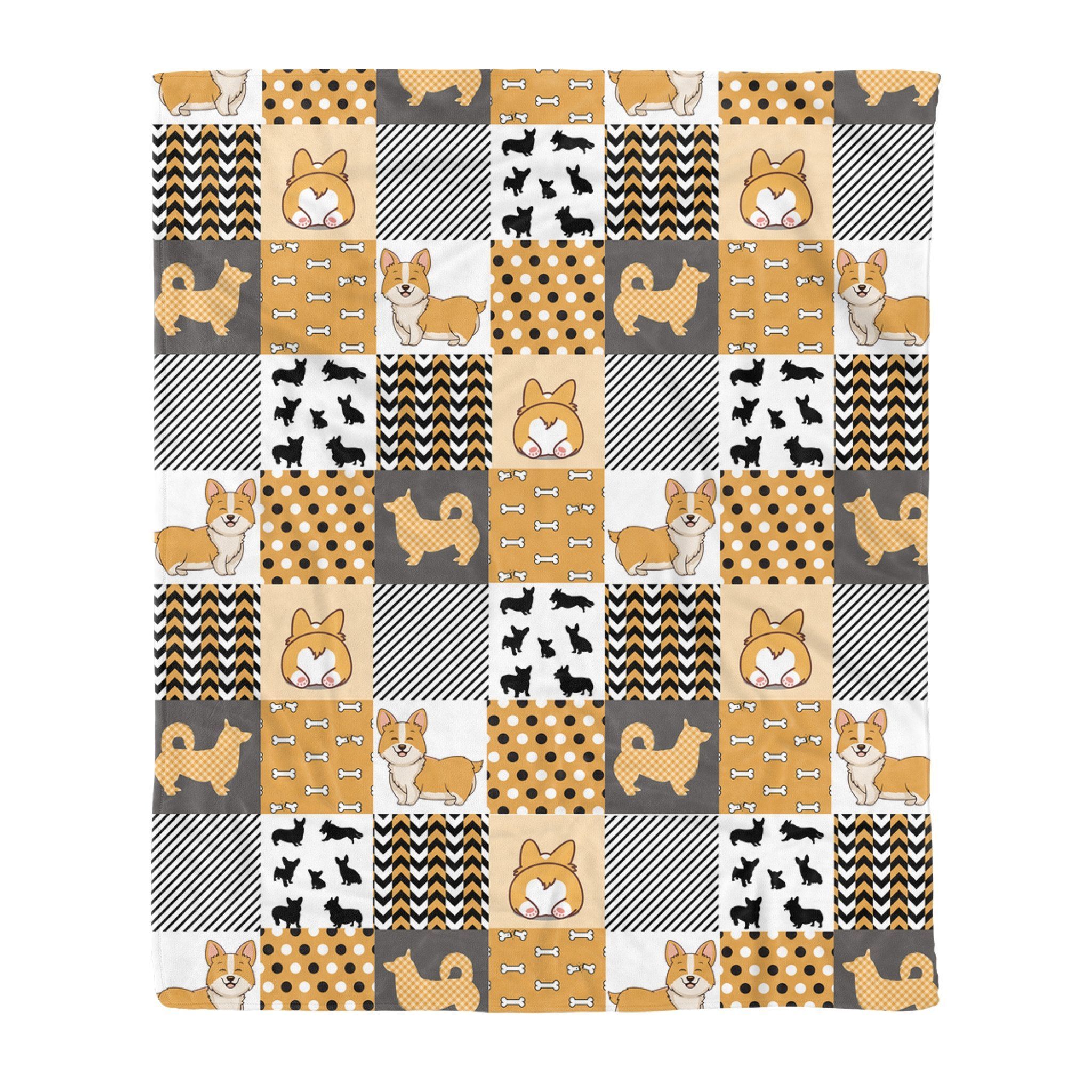 Corgi Patchwork Print Yellow Sherpa Fleece Blanket