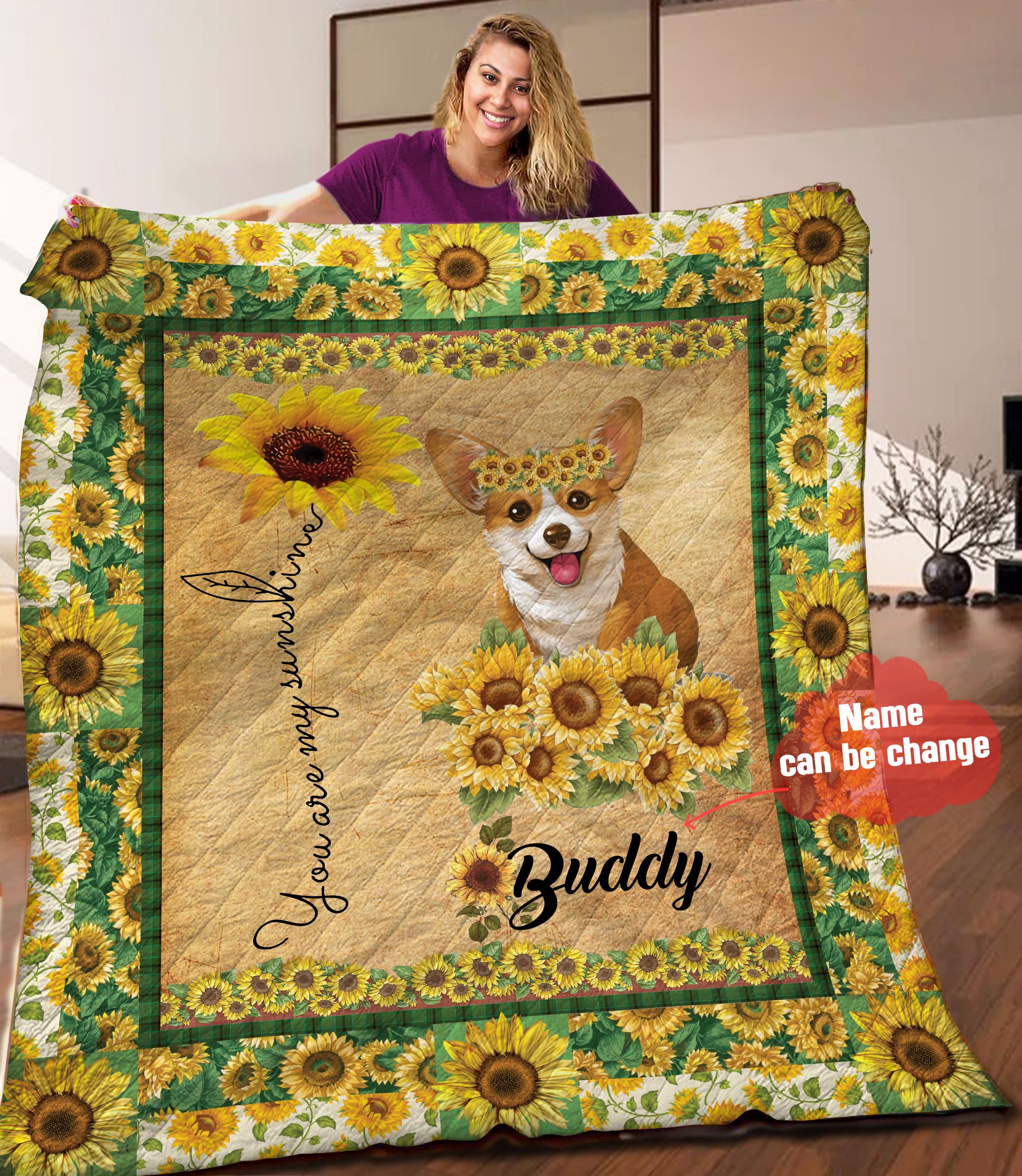 Corgi Sunflower Personalized Quilt Blanket HHH050608NA