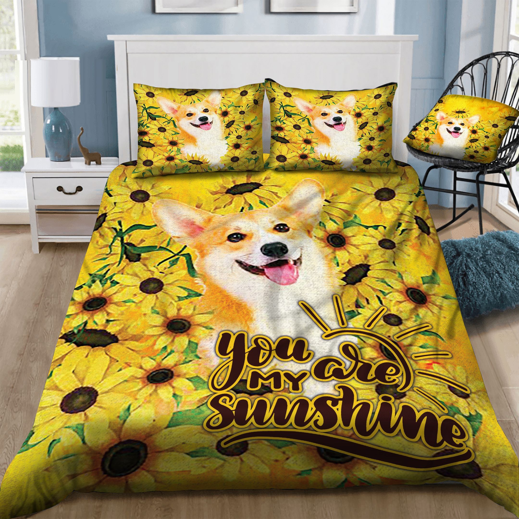 Corgi Sunflowers  Bedding Set