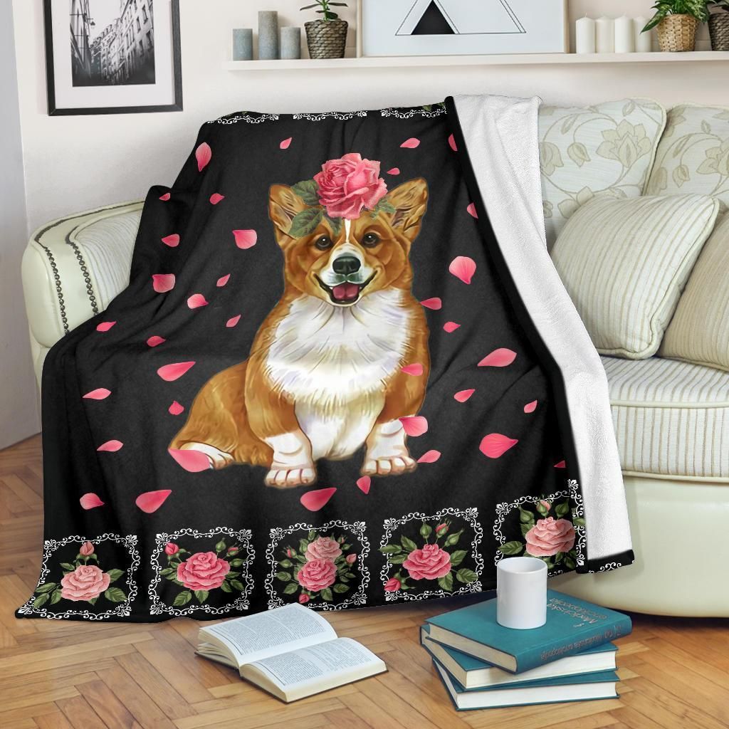 Corgi With Roses Sherpa Fleece Blanket