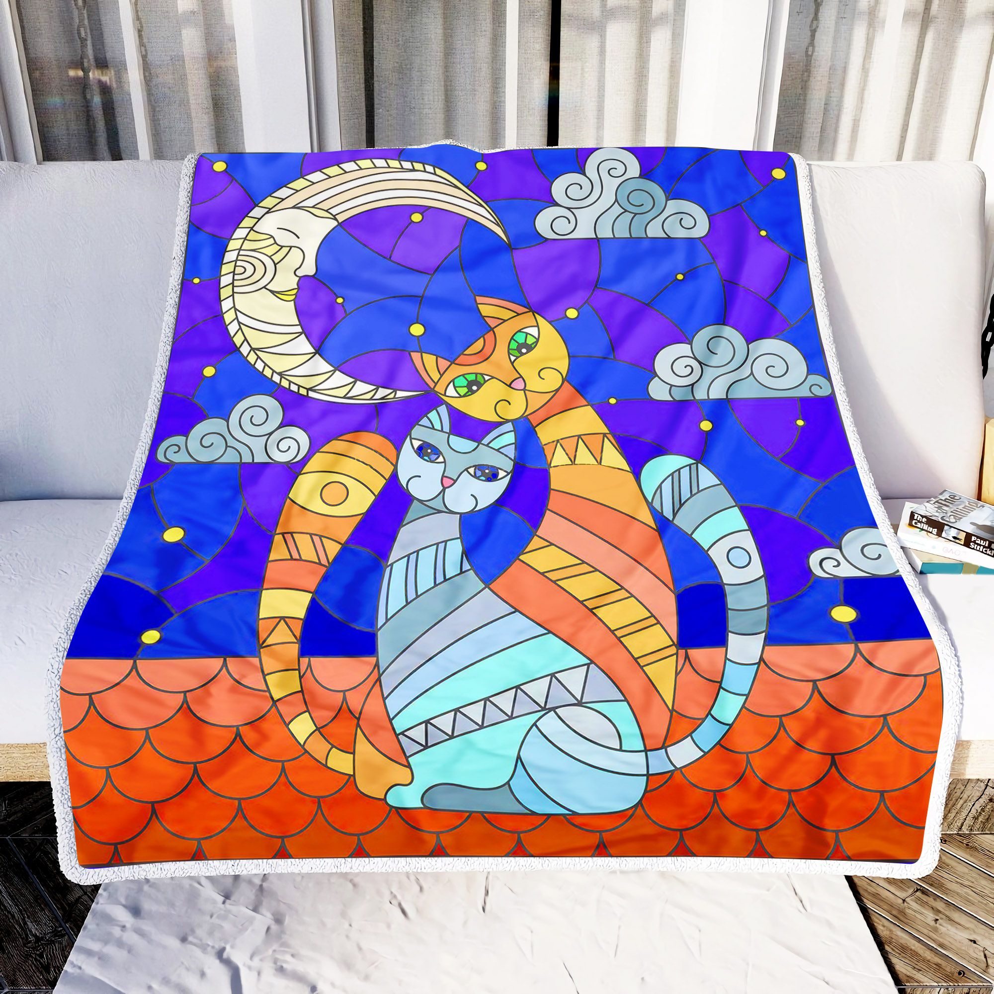 Couple Cats Starry Sky Moon Fleece Blanket