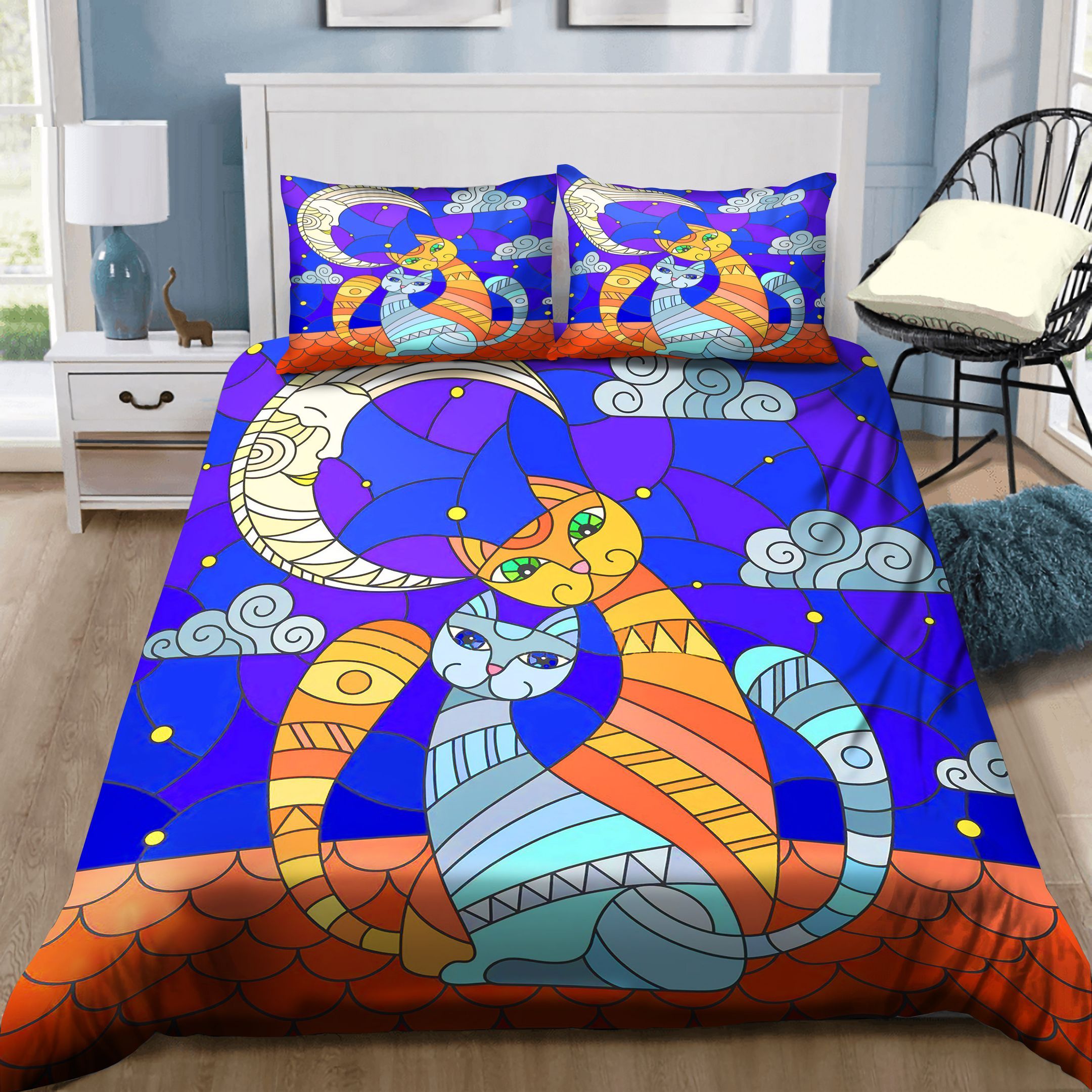 Couple Cats Starry Sky Moon Bedding Set