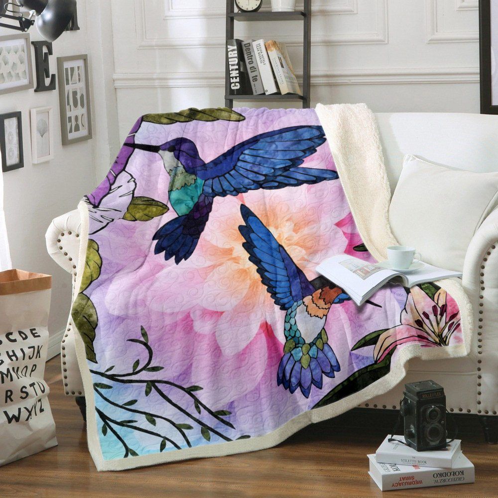 Couple Hummingbird Colorful Sherpa Fleece Blanket