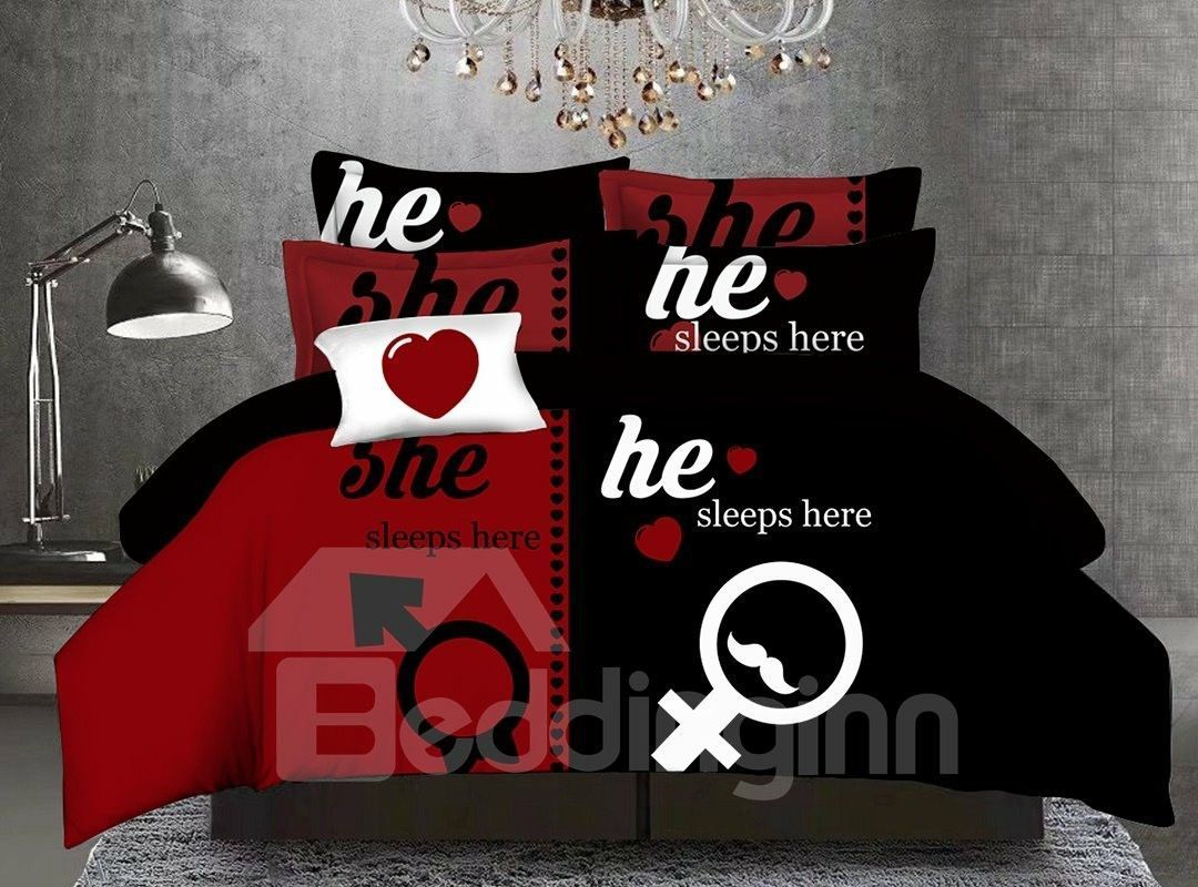 Couple Red&black He And She Sleeps Here Bedding Set