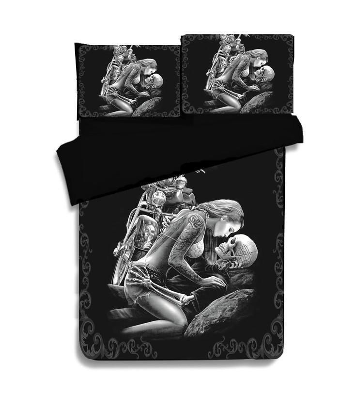 Couple Skull Black Motorcycle Bedding Set