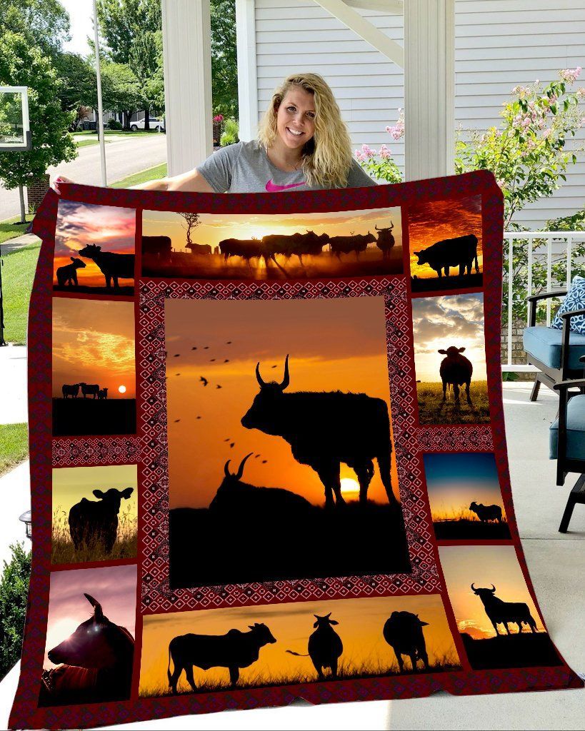 Cow And Sunset Sherpa Fleece Blanket